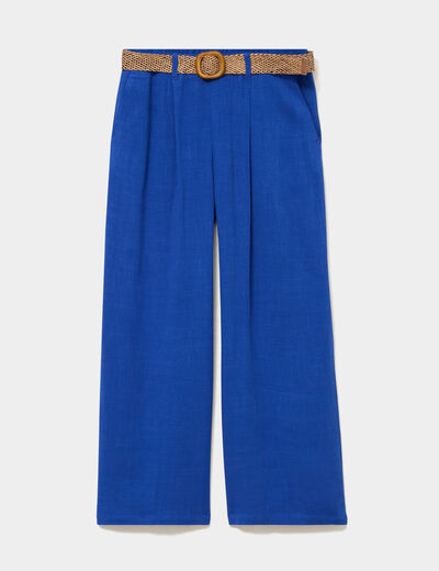 Pantalon large &agrave; pinces ceinture tress&eacute;e bleu electrique femme