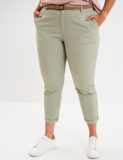 Pantalon chino cigarette ceinturé coton vert kaki femme grande taille