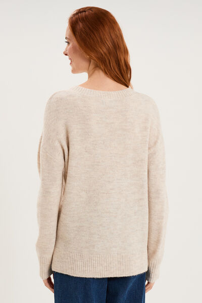 Pull col en V manches longues ecru femme