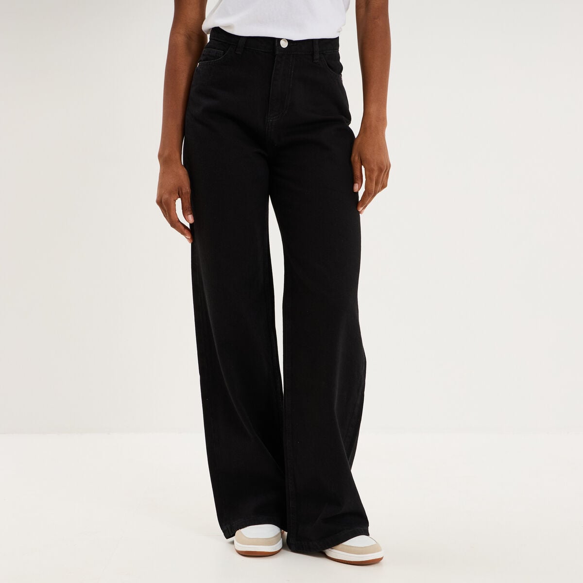 Jean large taille haute coton denim noir femme