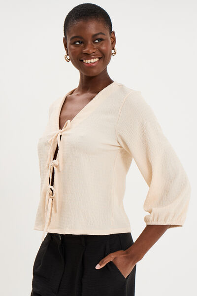 Blouse nou&eacute;e devant manches 3/4 sable femme