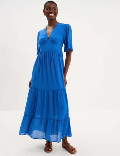 Robe longue fluide &agrave; volants bleu electrique femme