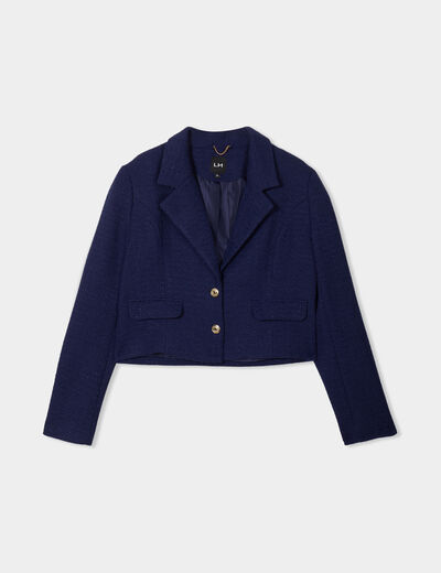 Veste courte tweed col tailleur bleu marine femme