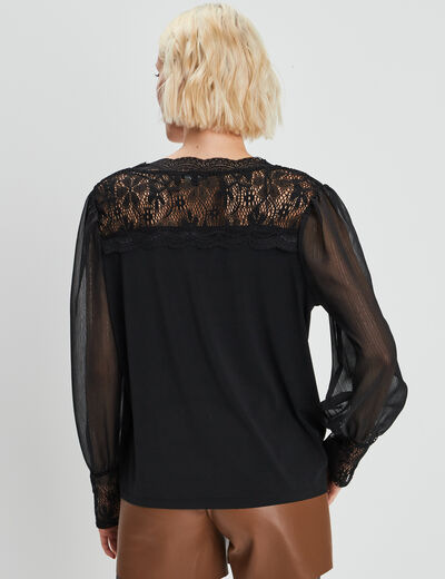 Blouse col en V détails dentelle noir femme
