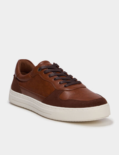 Baskets &agrave; lacets bi-mati&egrave;res marron homme