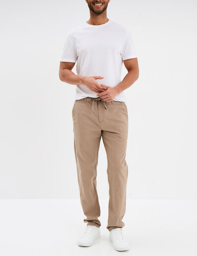 Pantalon chino droit lin m&eacute;lang&eacute; taupe homme