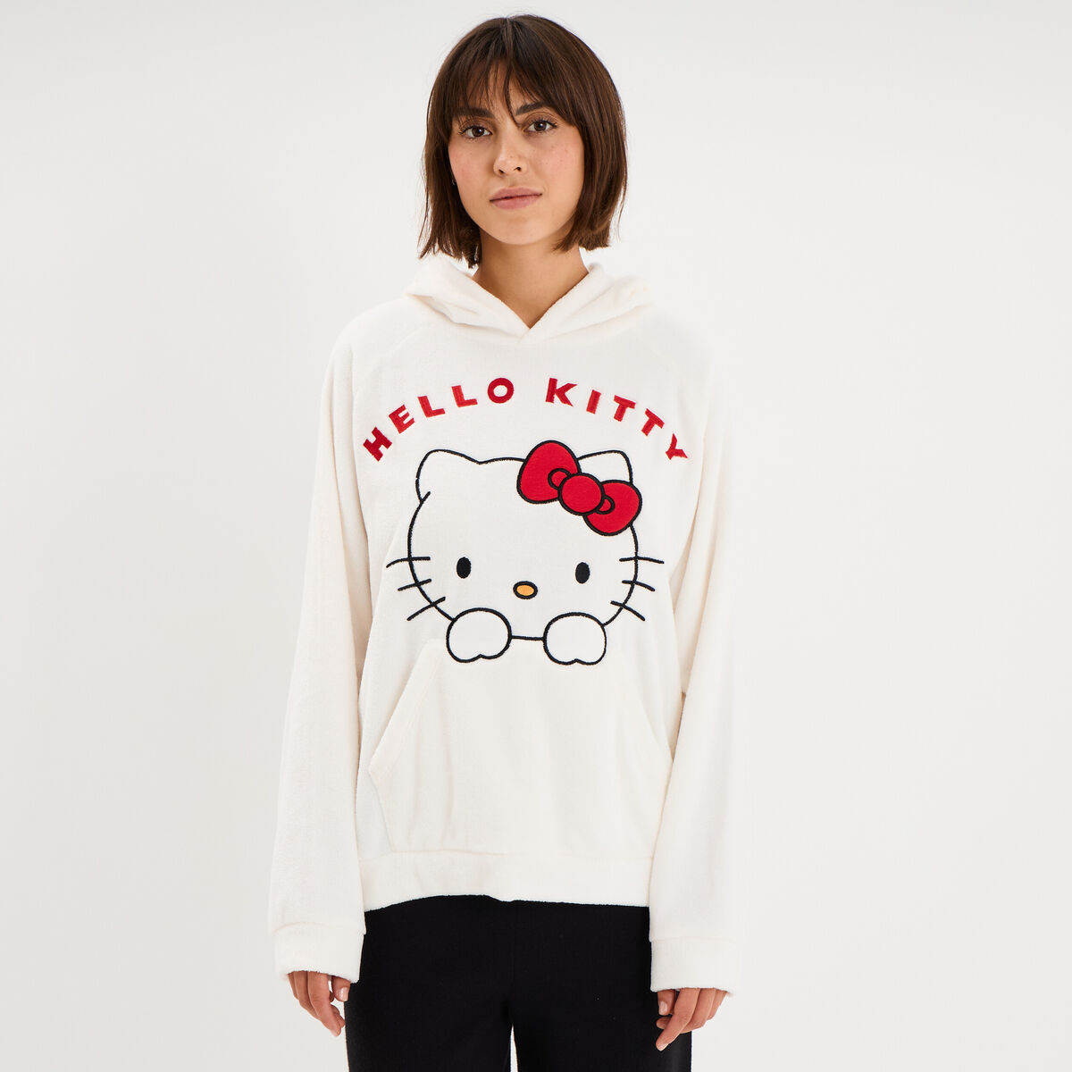 Sweat effet velours 1 poche Hello Kitty blanc femme