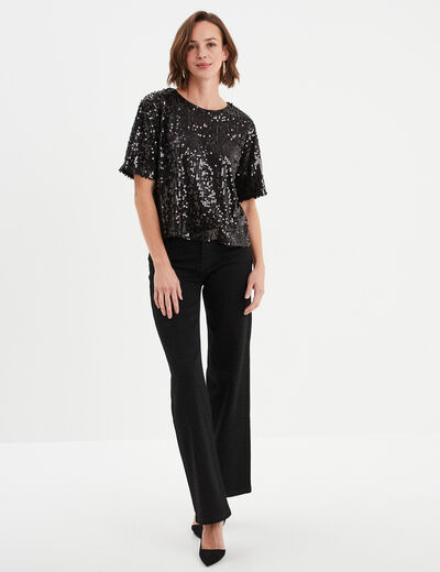 T-shirt à sequins manches courtes droit noir femme
