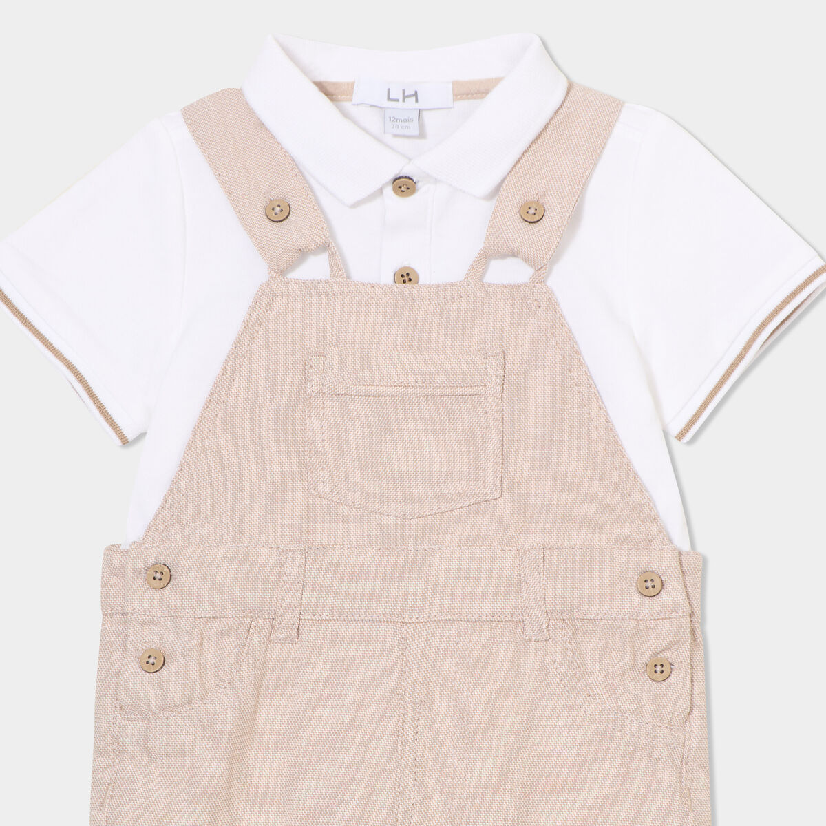 Ensemble salopette et polo coton sable b&eacute;b&eacute; gar&ccedil;on