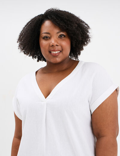 Blouse col V manches courtes mélange lin blanc femme grande taille