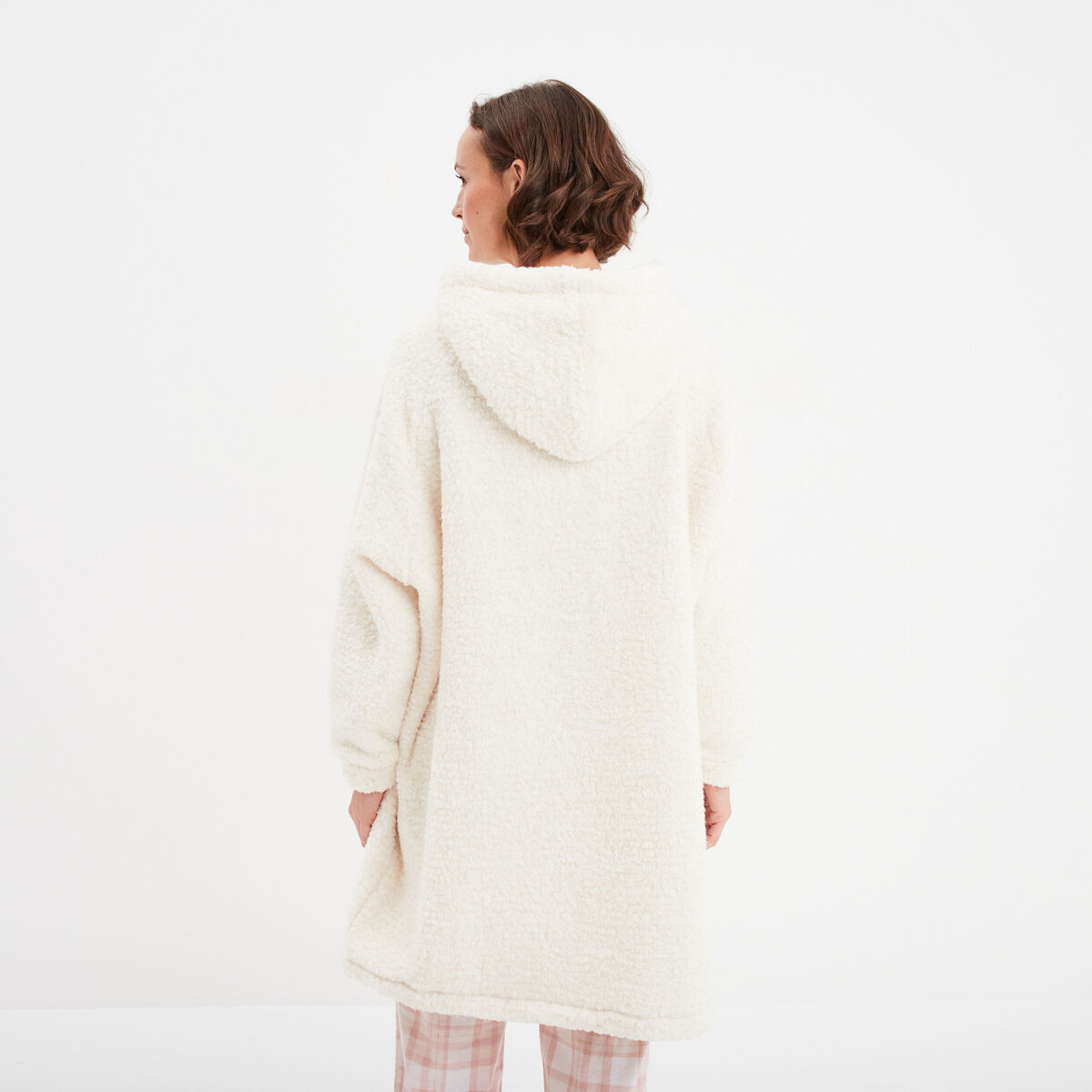 Poncho plaid &agrave; capuche effet polaire ivoire femme