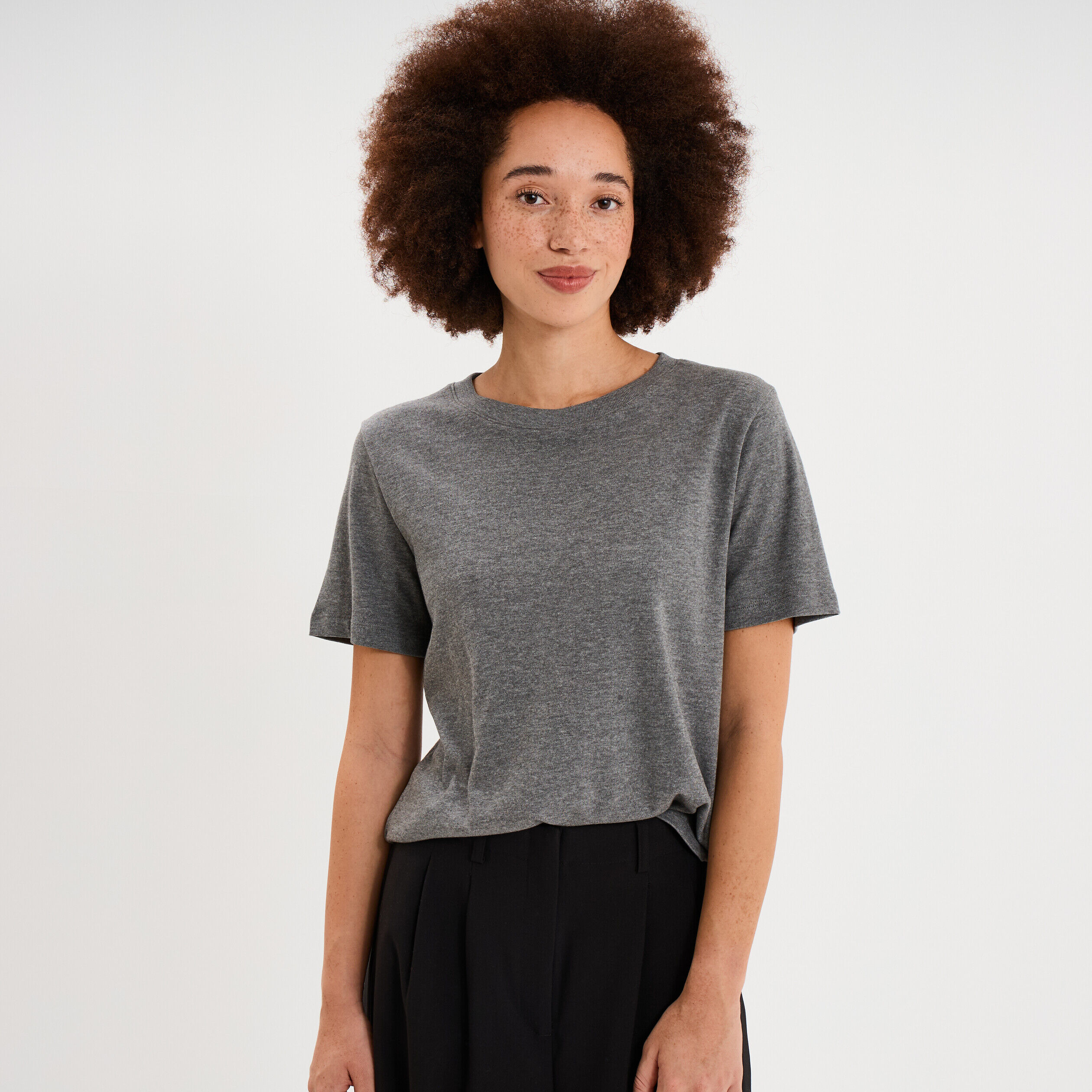 T-shirt manches courtes col rond coton gris femme