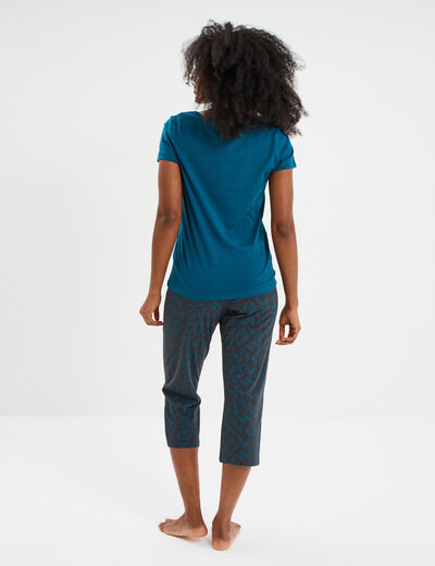 Ensemble pyjama corsaire t-shirt coton bleu canard femme