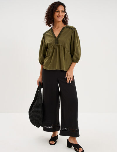 Blouse col tunisien brod&eacute; coton vert kaki femme