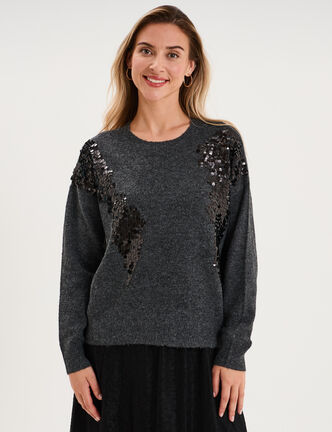 Pull &agrave; paillettes gris fonc&eacute; femme