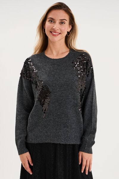 Pull &agrave; paillettes gris fonc&eacute; femme