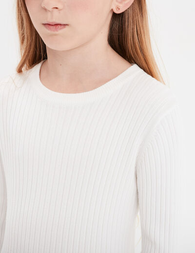 Pull côtelé ajusté manches longues ivoire fille