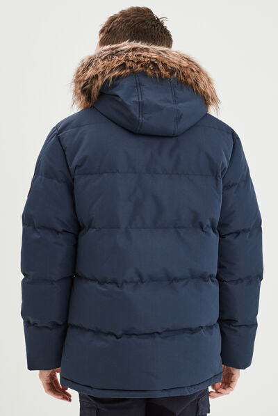 Parka courte avec capuche fourrure bleu marine homme
