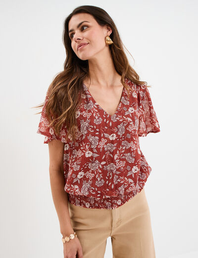 Blouse col en V taille élastiquée terracotta femme