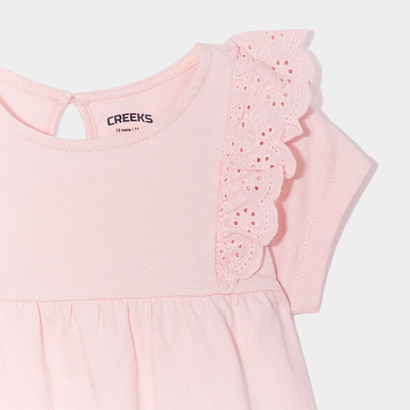 T-shirt volants broderie anglaise coton rose clair bébé fille