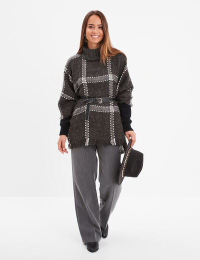 Poncho à col roulé bords à franges fines gris foncé femme