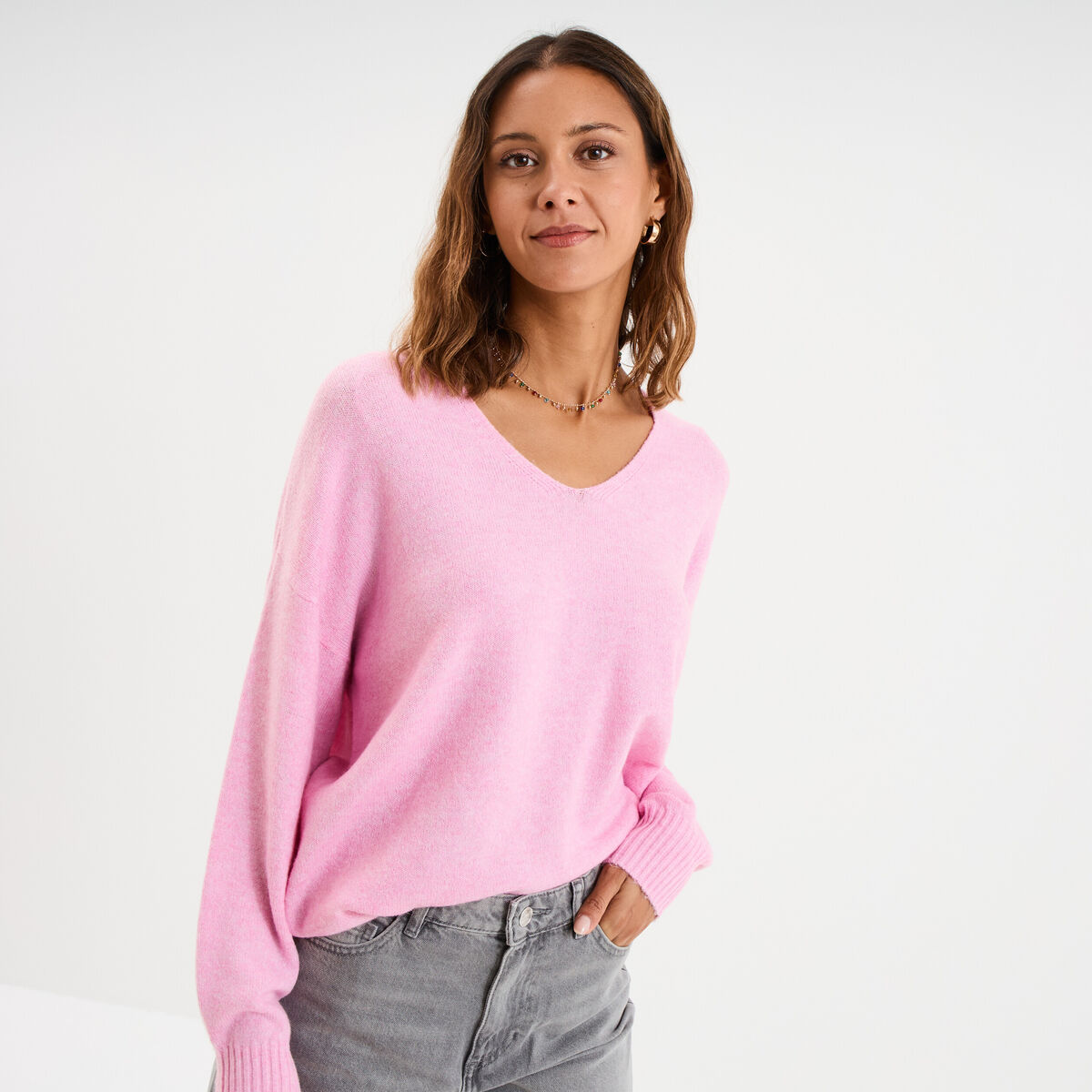 Pull col en V manches longues rose femme