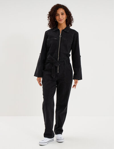 Combinaison pantalon en jean ceintur&eacute;e denim noir femme