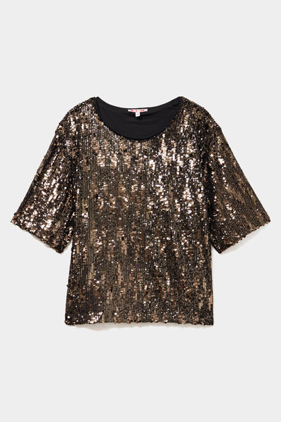T-shirt &agrave; sequins manches courtes couleur cuivre femme