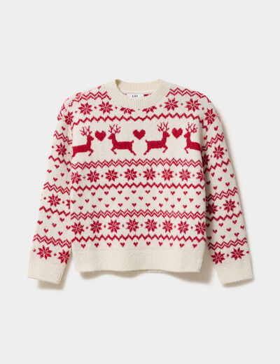 Pull de No&euml;l manches longues ecru fille