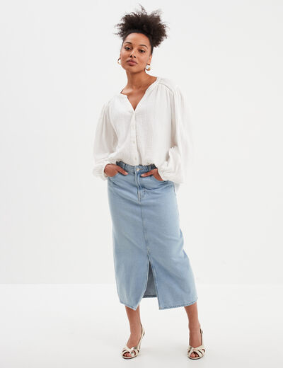 Jupe midi fendue en jean coton denim triple stone femme