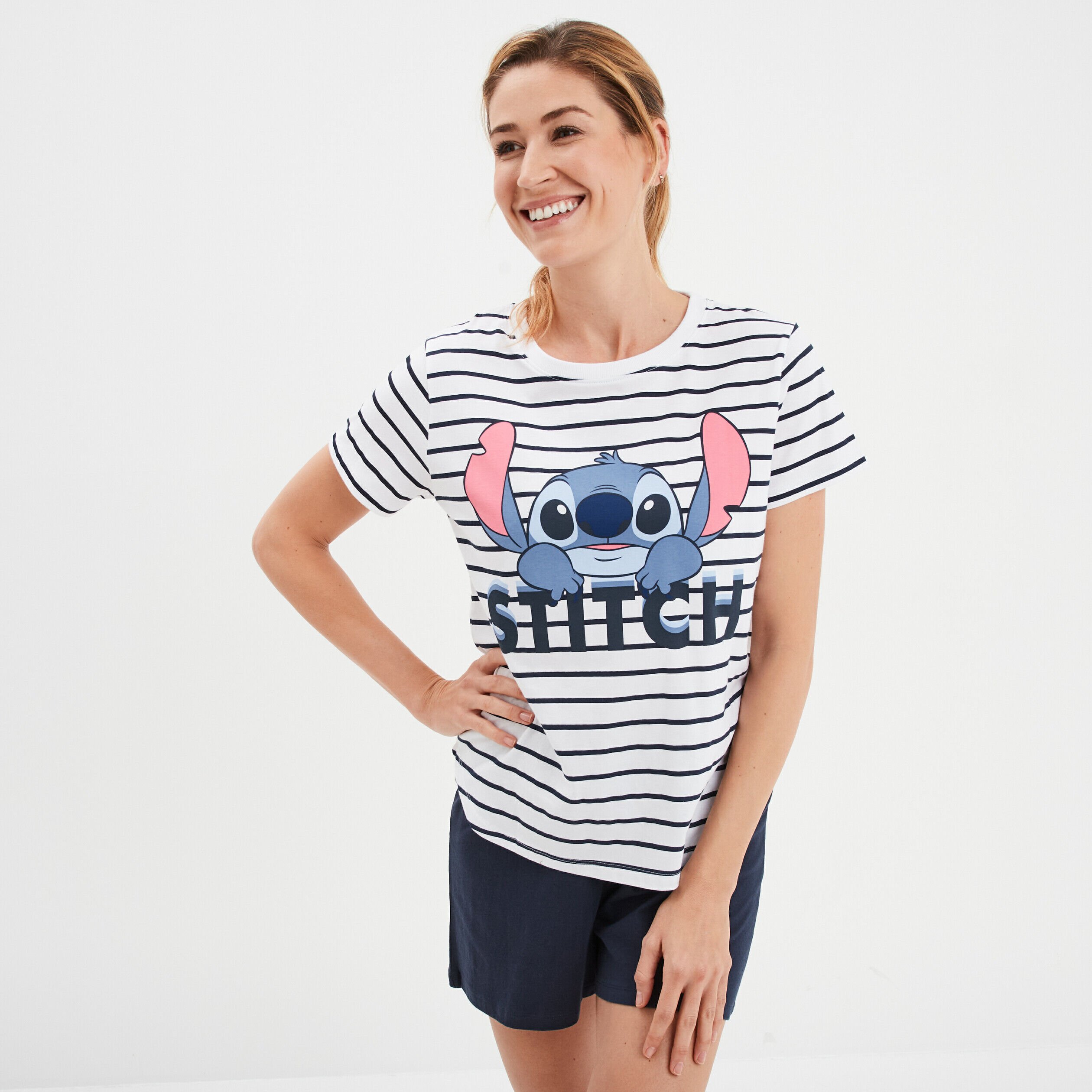 Ensemble pyjama short coton Stitch bleu marine femme