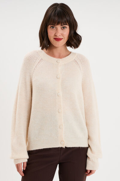 Gilet cardigan col rond boutonn&eacute; blanc femme