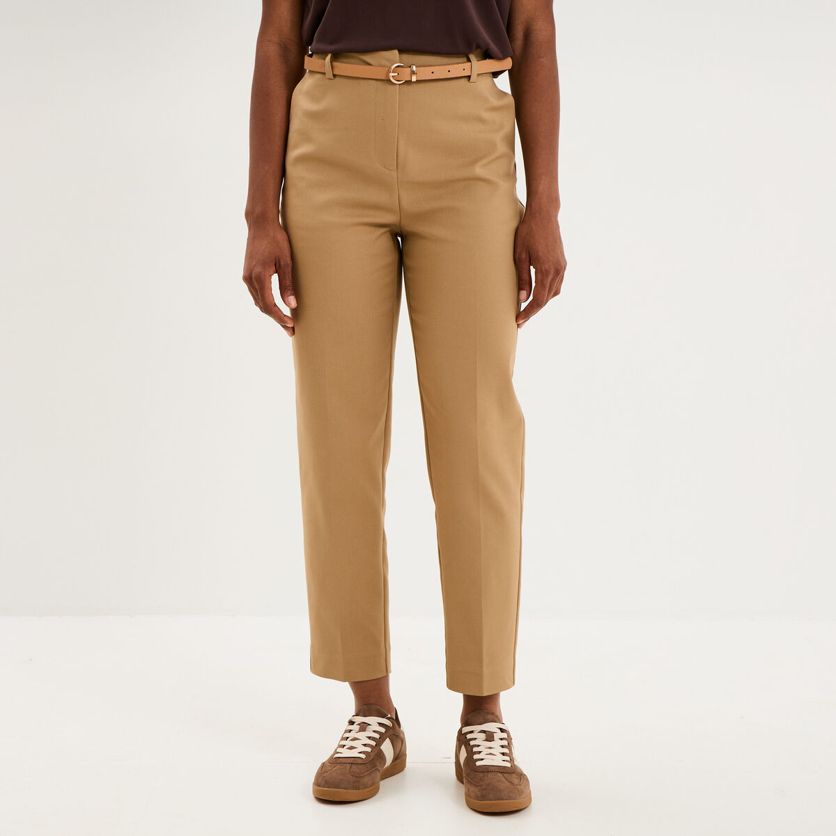 Pantalon chino ceinture amovible beige femme