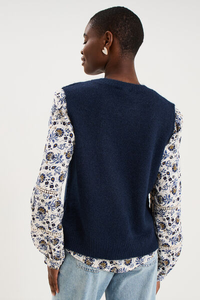Pull col rond sans manches &agrave; boutons bleu fonc&eacute; femme