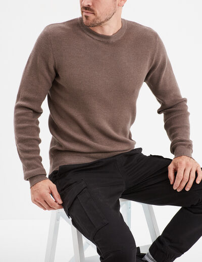Pull en maille textur&eacute;e col rond taupe homme