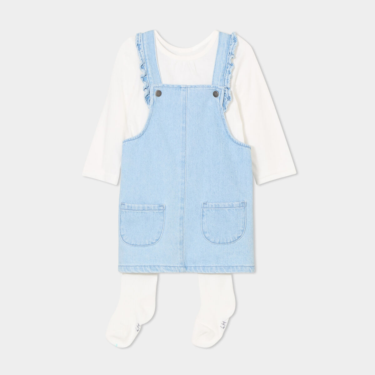 Ensemble 3 pi&egrave;ces robe chasuble en jean denim double stone b&eacute;b&eacute; fille
