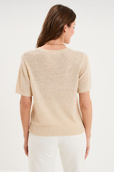 Pull manches courtes col rond beige femme