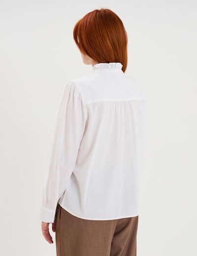Blouse col montant &agrave; volants coton blanc femme
