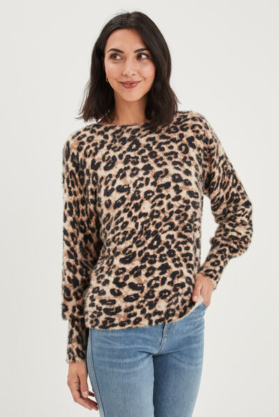 Pull col rond en fausse fourrure beige femme
