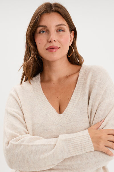 Pull droit col en V manches longues ecru femme grande taille