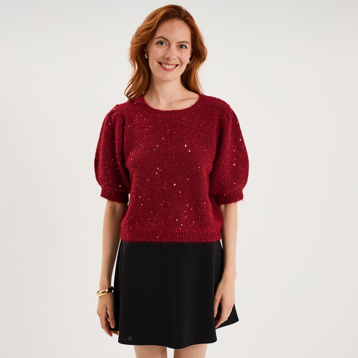 Pull sequins et manches courtes ballons rouge femme