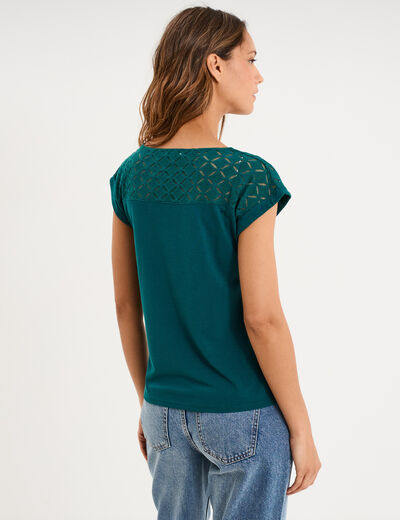 T-shirt col en V ajour&eacute; &eacute;paules et dos vert fonc&eacute; femme