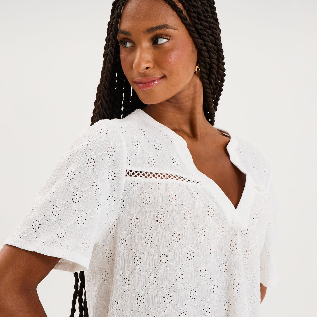 Blouse broderie anglaise manches courtes blanc femme