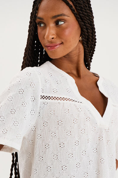 Blouse broderie anglaise manches courtes blanc femme