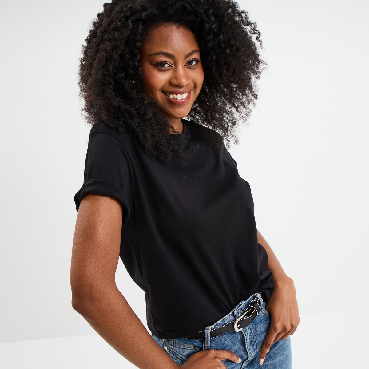 T-shirt col rond manches courtes coton noir femme