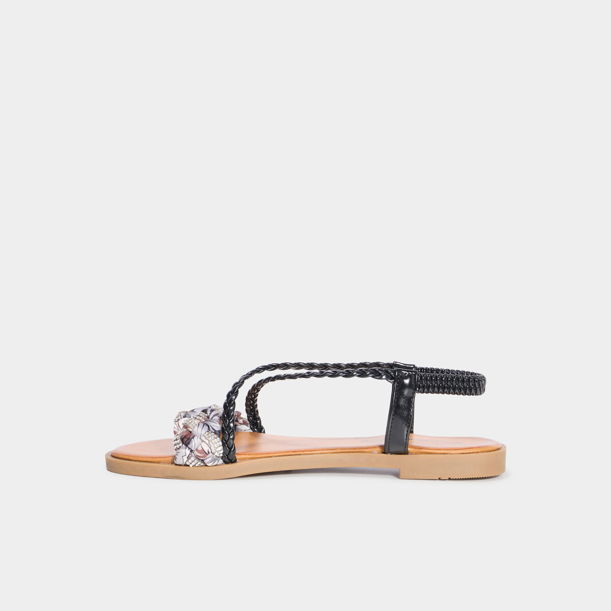 Sandales d&eacute;tails foulard tress&eacute;s noir femme
