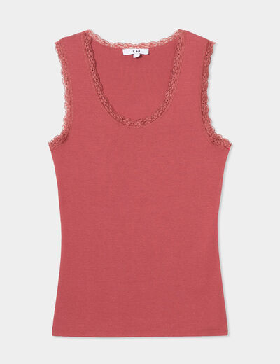 Débardeur coton bords dentelle rouge foncé femme