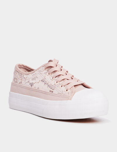 Tennis en toile dentelle &agrave; lacets rose femme