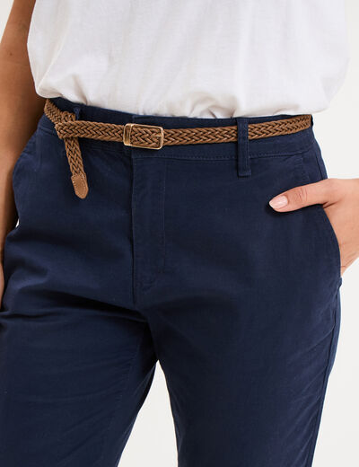 Pantalon chino 7/8&egrave;me ceinture tress&eacute;e bleu marine femme
