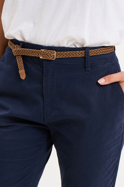Pantalon chino 7/8&egrave;me ceinture tress&eacute;e bleu marine femme